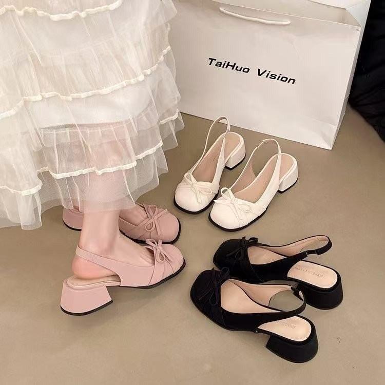 French Bow Thick Heel Bag Head Sandals Women's Summer 2025 New with Skirt Temperament Medium Heel High Heel Single Shoes
