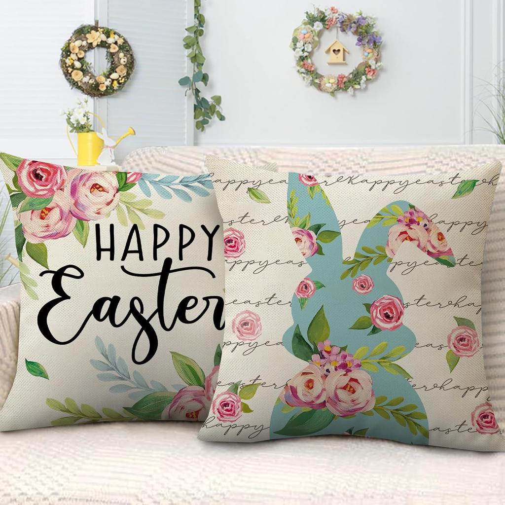 Happy Easter Bunny Christian Decorative Throw Pillow Covers Of 4, Spring Rose Flowers Cushion Case Home Decor