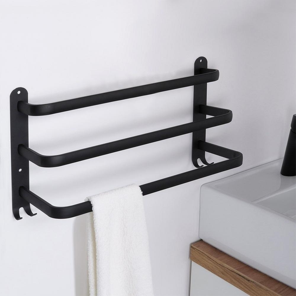 Bathroom Wall Towel Rack, Metal, Black + Hooks, 40 Cm