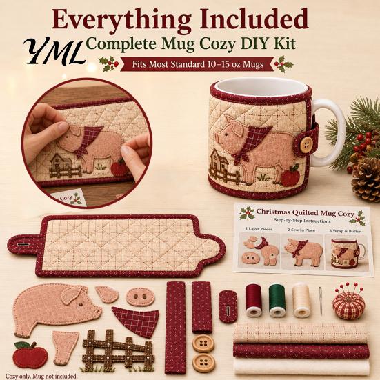 Quilted Mug Sleeve Pattern Farmhouse Friends Cozy Sewing Kit, DIY Animal Cup Craft, Handmade Fabric Craft Supplies Project with Festive Patterns,