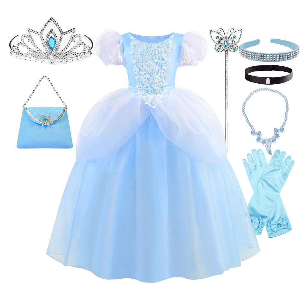 Classic Cendrillon Costume Deluxe Lace Dress Birthday Party Role Play Princess Pretend Fairy Tale Grace Ball Gown for Kids