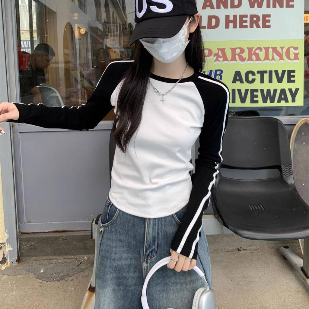 Women's Retro Raglan Long-Sleeve T-Shirt: Short Top for Spring, Autumn, Winter