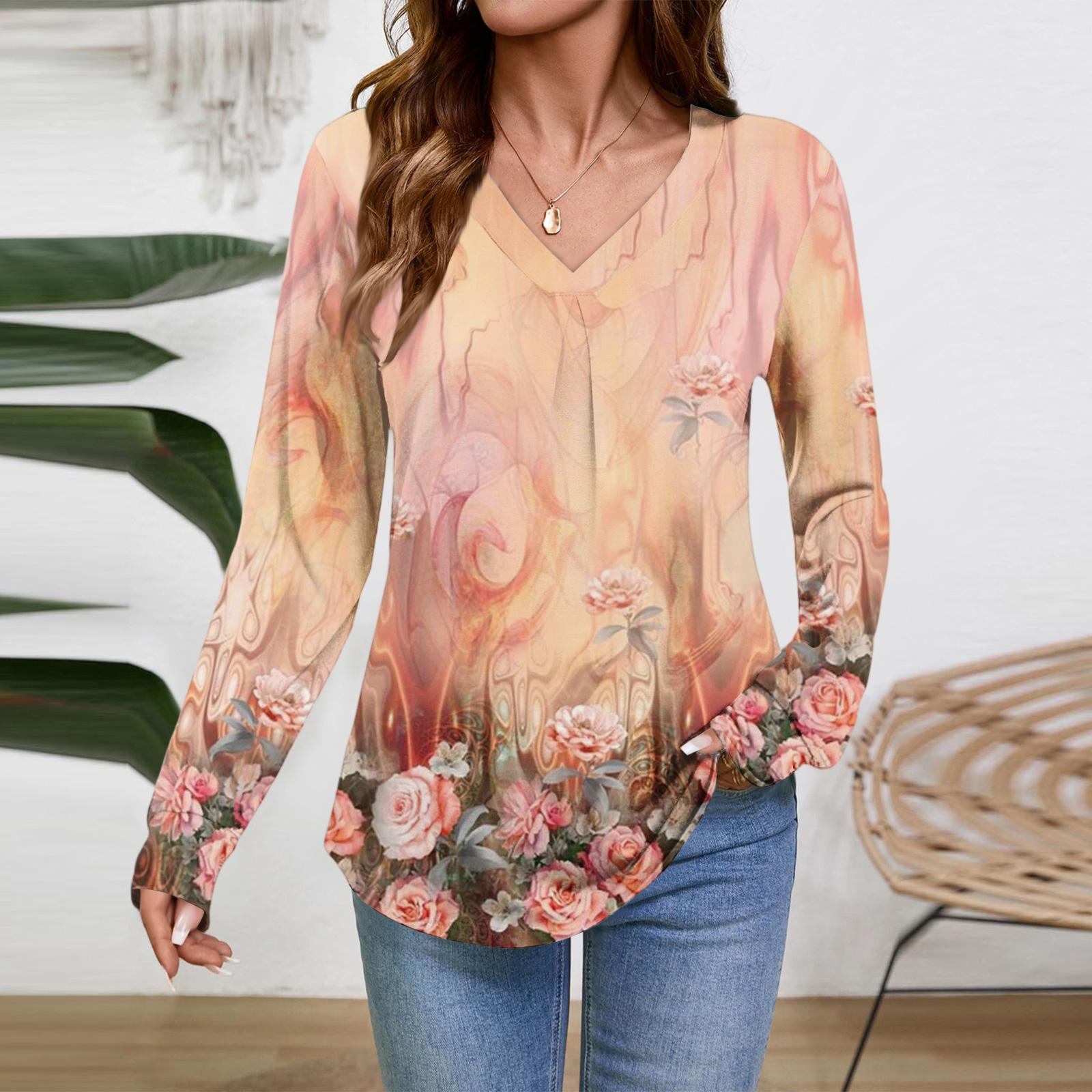 

Женские топы с длинным рукавом, нарядные повседневные футболки с V-образным вырезом, базовые футболки, одежда для отпуска, осенняя модная одежда XL оранжевый