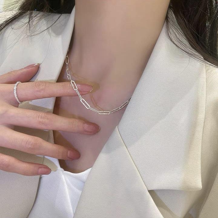 925 Sterling Silver Necklace Bright Flash Chain Geometric Rectangle Choker for Women Fine Jewelry Temperament Clavicle Chain
