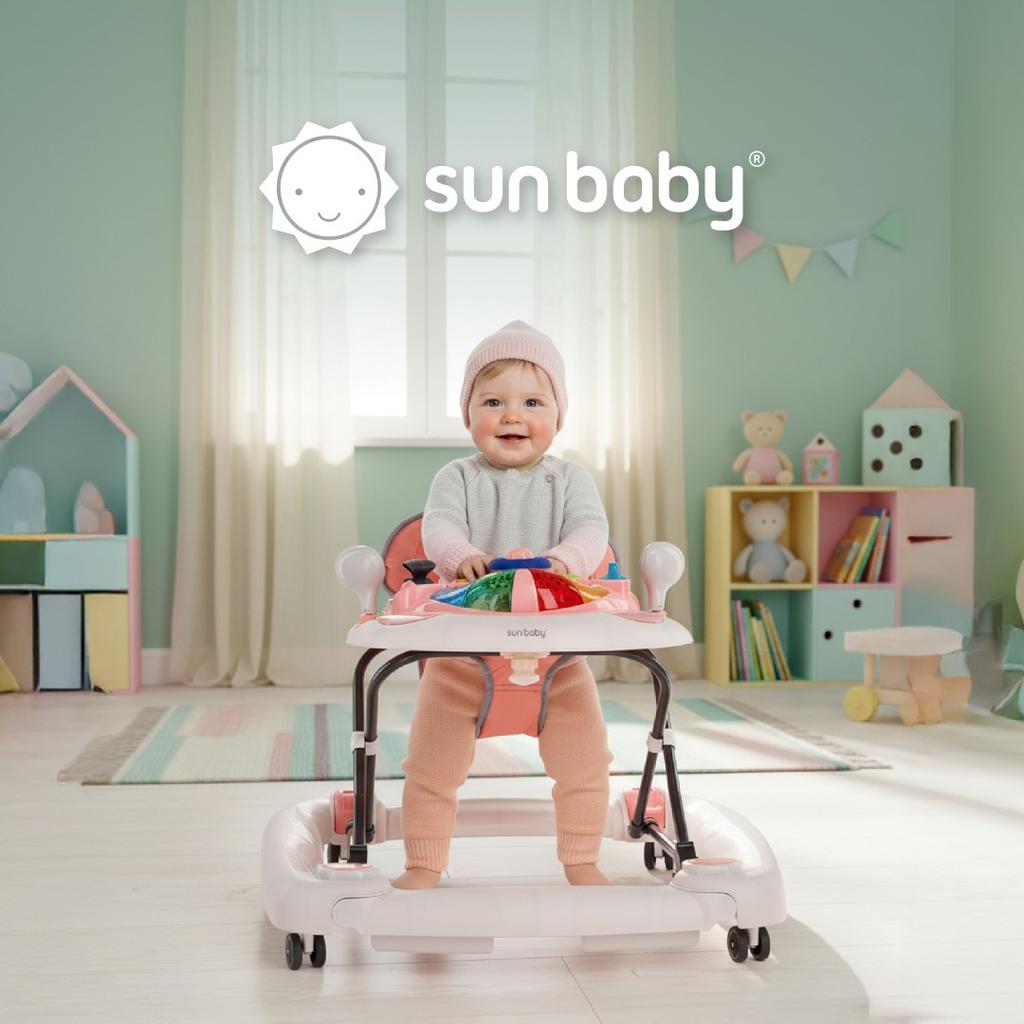 Sun Baby Grand Prix 2-in-1 Interactive Baby Walker and Rocking Cradle Pink and Gray