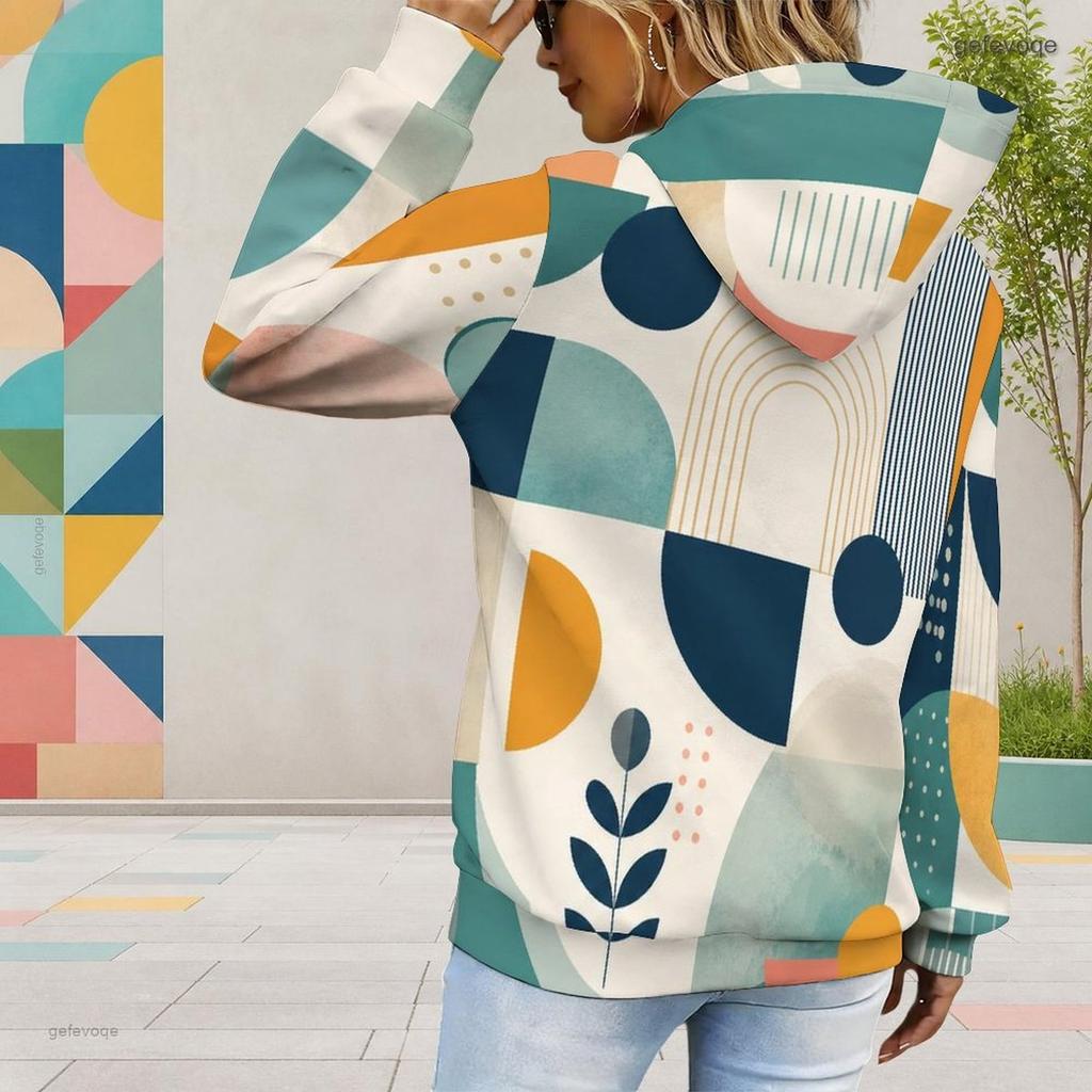 Women Plus Size Off White Printed Long Sleeve Drawstring Hoodie With Kangaroo Pocket