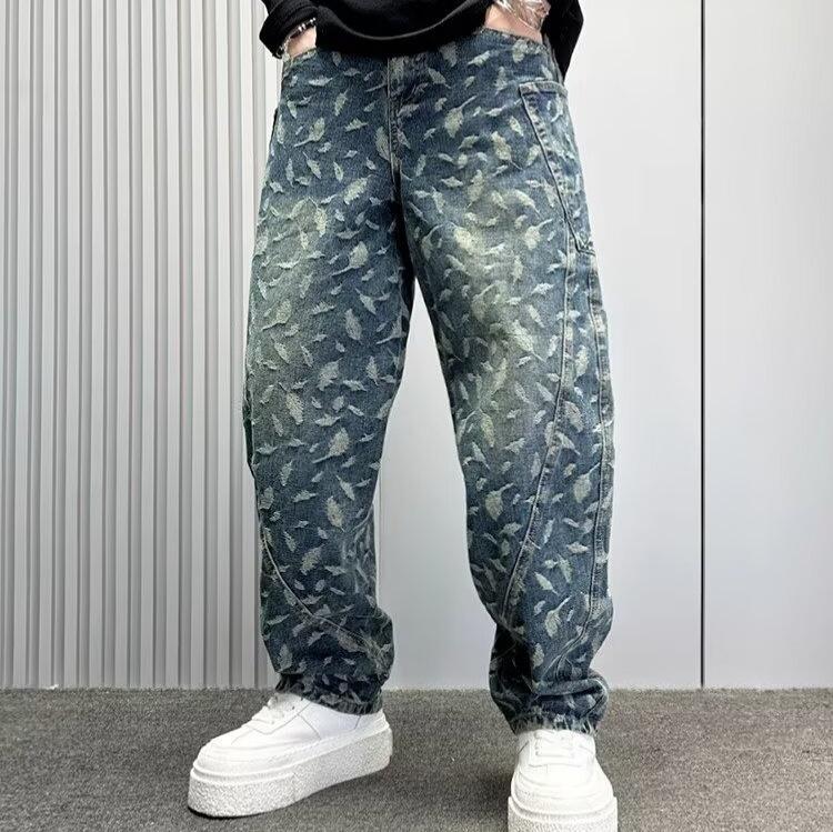 JYL Men's Jacquard Jeans Summer High-Street Trendy Loose Design Denim Pants