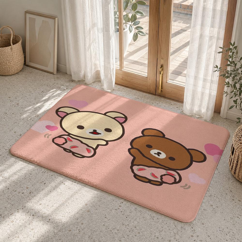 Cute Cartoon Rilakkuma Floor Mat Flannel Rug Non Slip Absorbent Soft Washable For Entryway Hallway Bathroom Kitchen Decor