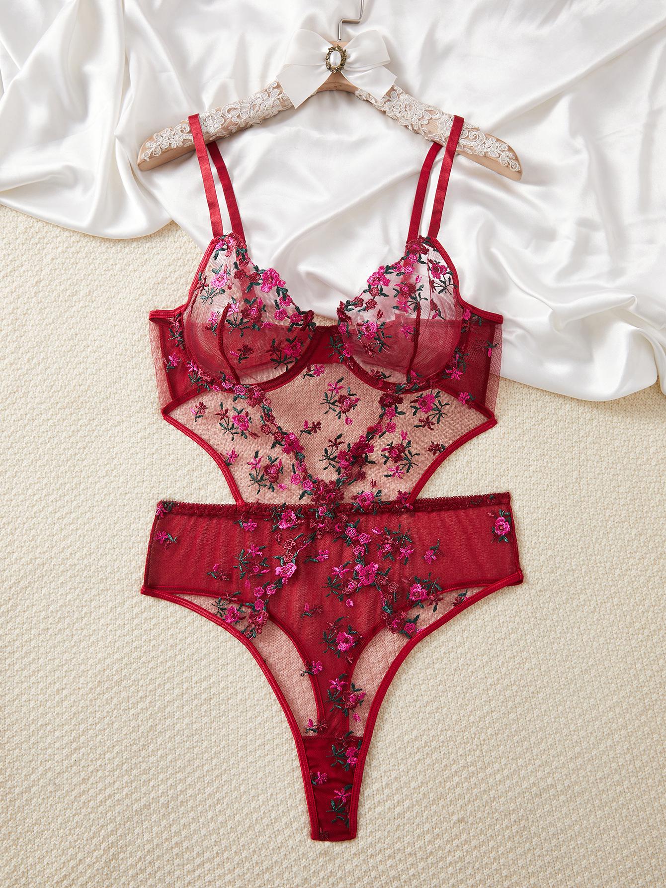 European Hot-Selling Floral Embroidery See-Through Waist-Cinching Jumpsuit for Women Medium кларет