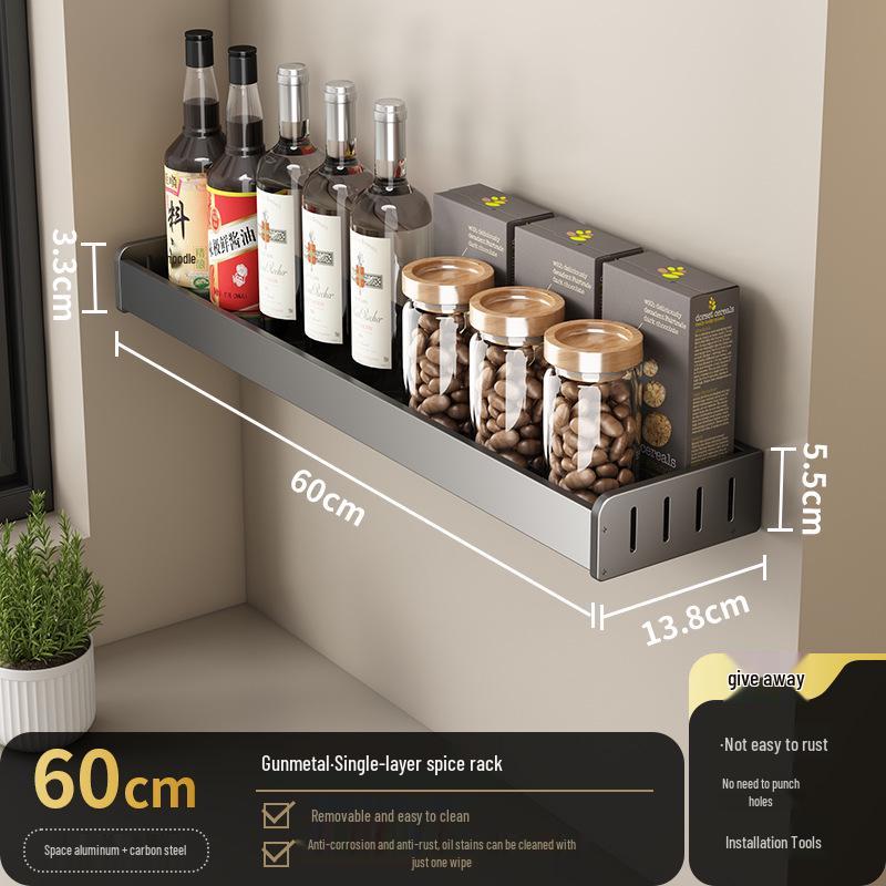 Gunmetal Wall-Mounted Kitchen Rack: No-Drill Seasoning, Knife Holder, Multifunctional Storage Solution