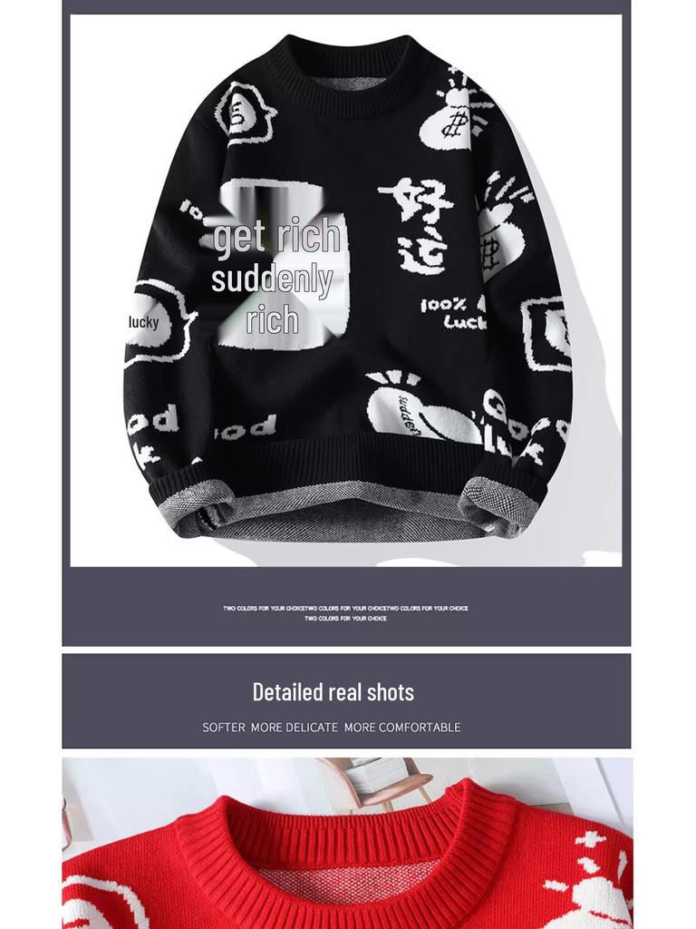 Herrstorlek Festlig Röd Stickad Tröja - Stjärntecken Rund Hals, Höst/Vinter, Exklusiv Känsla, Perfekt för Par