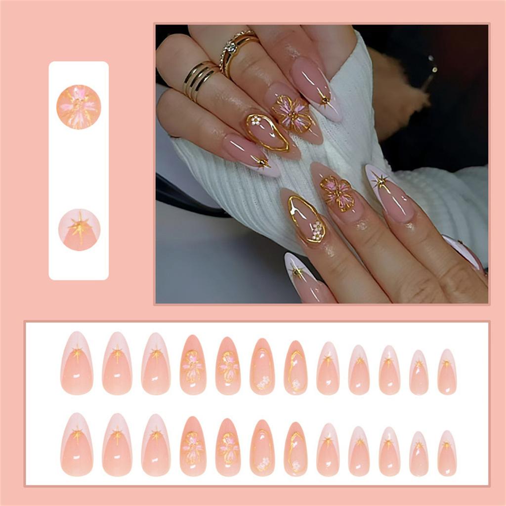 24PCS 3D Peach Flower French Style False Nails Fake Nails Manicure Nails Tips Removable Fake Nails Acrylic Press On Nails