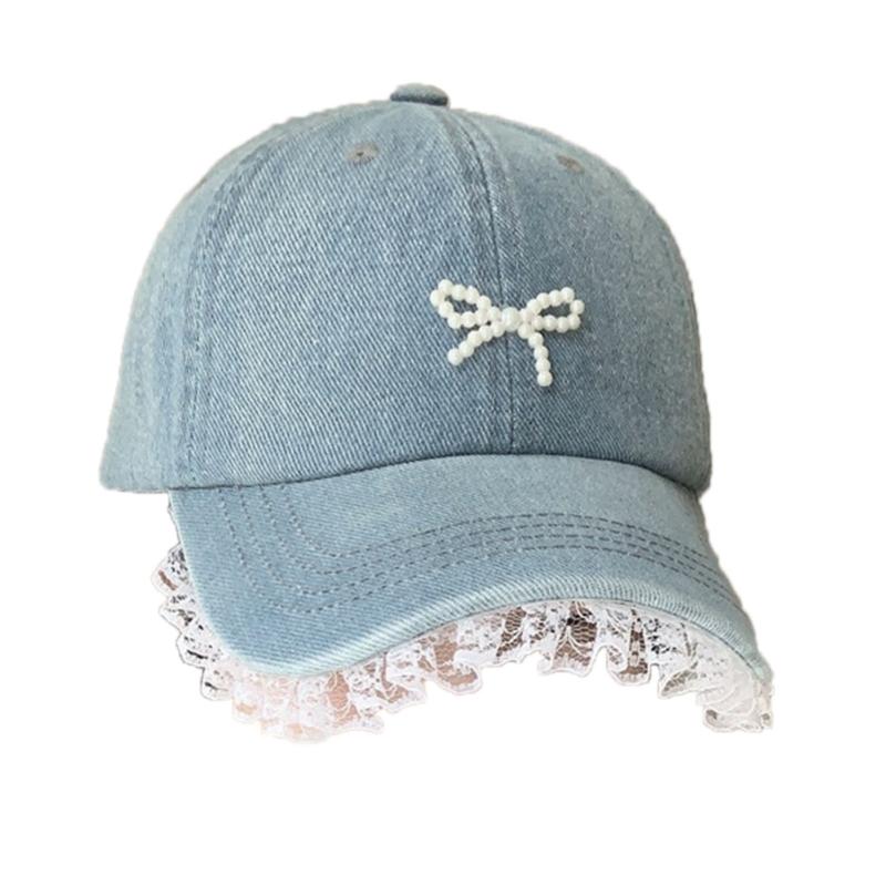 Stylish Women Fabric Baseball Hat with 3D Pearls Bowknot and Lace Trim for Outdoor Sports Activity Breathable Headwear
