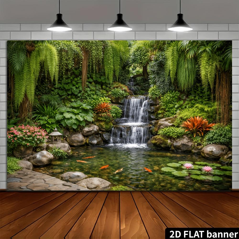 1Pcs Japanese Garden Waterfall Lotus Koi Fish Decoration Background Zen Backdrop Decorations For Photo Studio Photo Booth Party