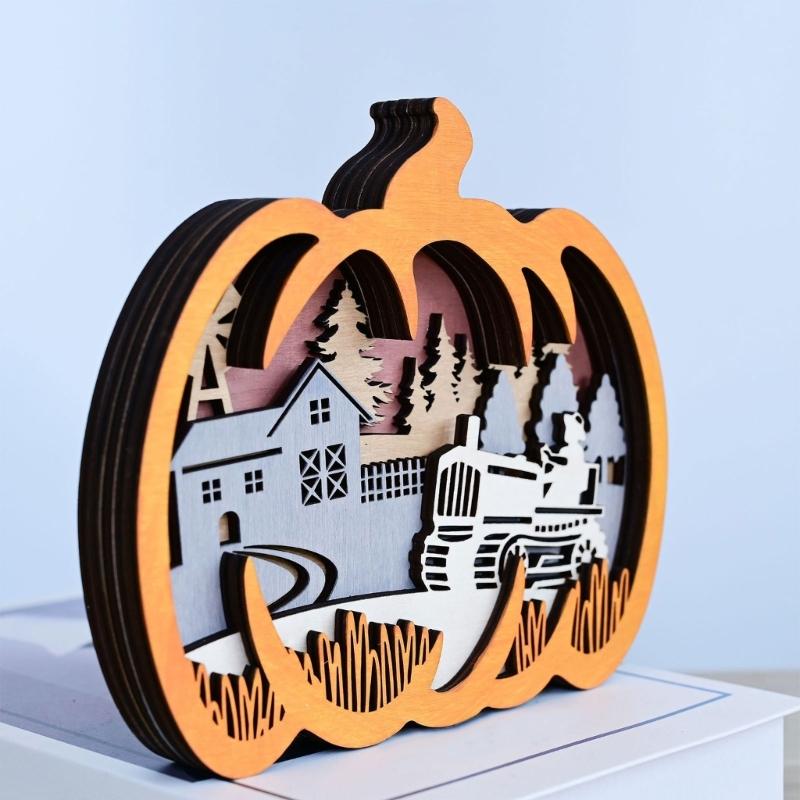 Artisanal Pumpkin Carving Decoration For Thanksgiving Halloween Safe Nontoxic Wooden Craft Ornament Tabletop Shelf