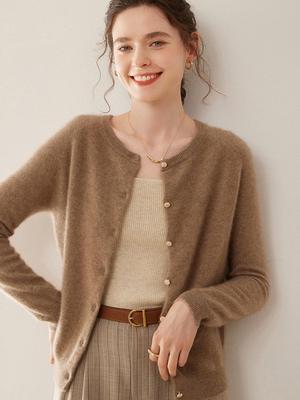 Damen Locker Geschnittener Kaschmir-Raglan-Cardigan – Rundhalsausschnitt, Langarm, Unifarben