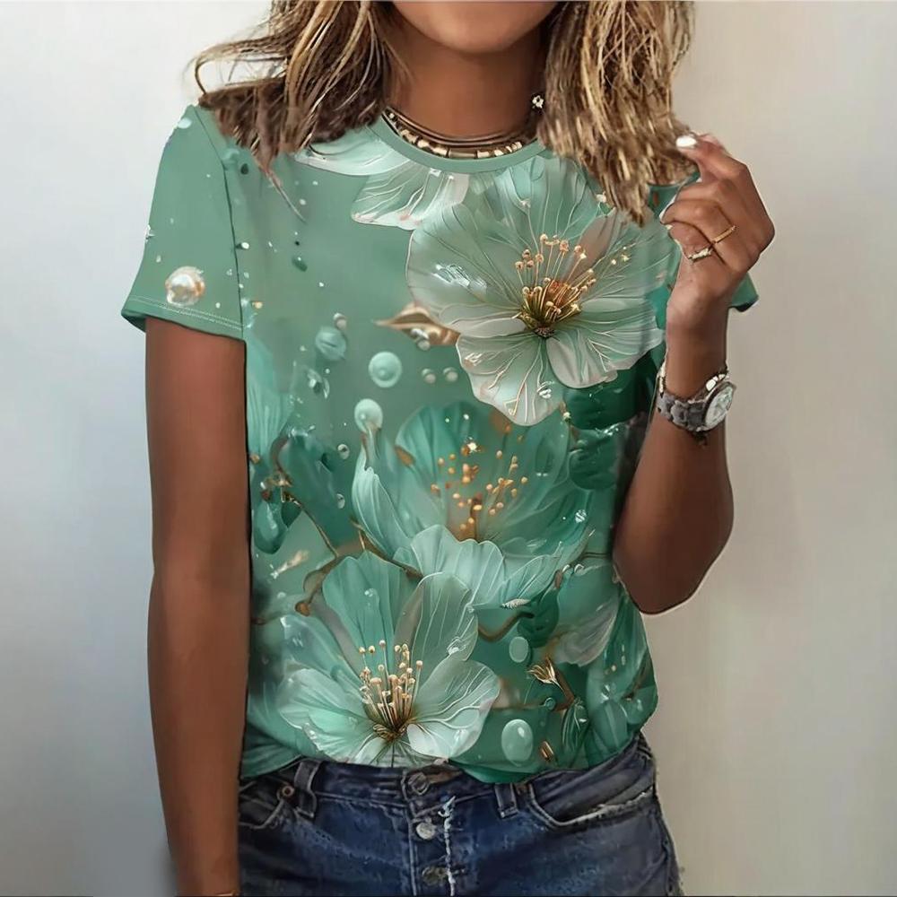 Women s Summer Casual Fashion Green Flower 3D Printed Short Sleeve Top Women s Street Personalized Elegant T-shirt Top S