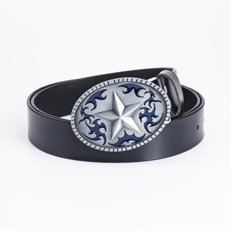 Pentagram Men's Cowhide Belt - Retro Smooth Buckle, Wide 130cm Decorative Trouser Belt