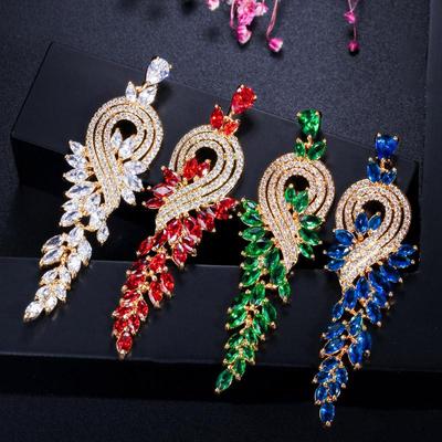 WWJ High Quality Zircon Bridal Long Red Green Drop Earrings Jewelry for Women