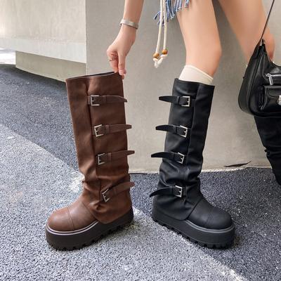 Height-increasing Spice Girl Wasteland Wind Boots Autumn and Winter New Slope Heel Pleated Pile Tall Pants Boots Female Merad