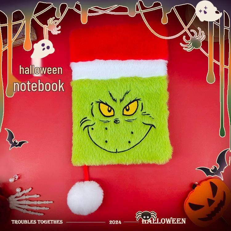Green-Faced Grinch Plush Notebook - Christmas & Halloween Diary