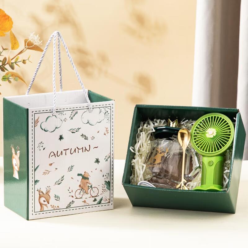 

Deer Design Glass Mug Gift Set with Lid, Spoon & Mini Fan