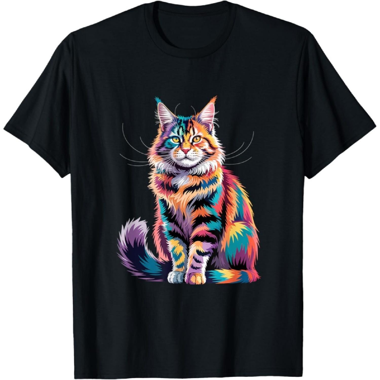 Geometric Maine Coon Cat Art Visionary Spirit Feline Totem T-Shirt S