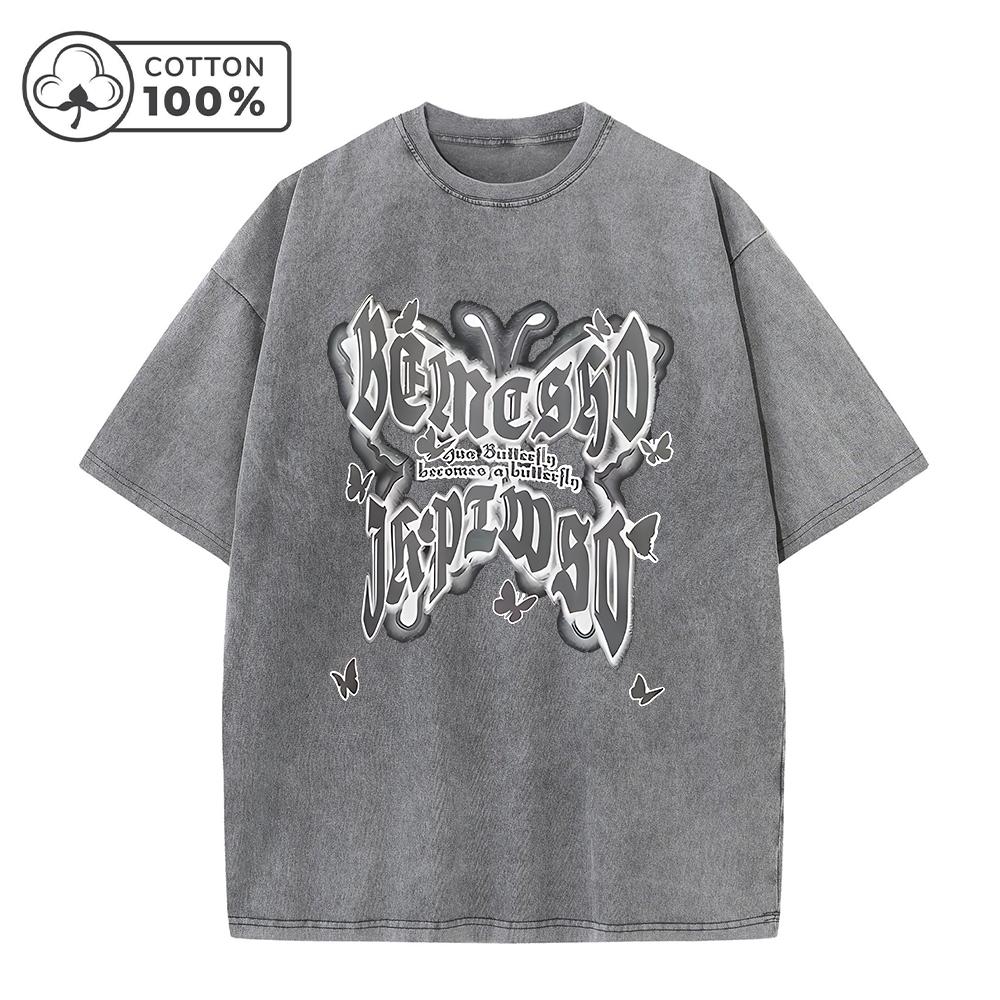 

Mens Casual Washed TShirt Summer Pure Cotton Loose Fit Casual Style Personalized Butterfly Short Sleeve Fitness Commuter Top S