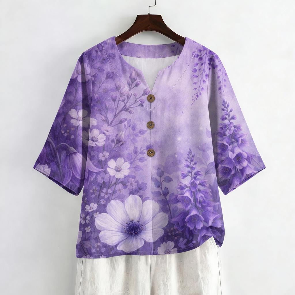 Dames Zomer Mode V-hals 3/4 Mouw Blouse Casual Losse Pasvorm Bloemenprint Top