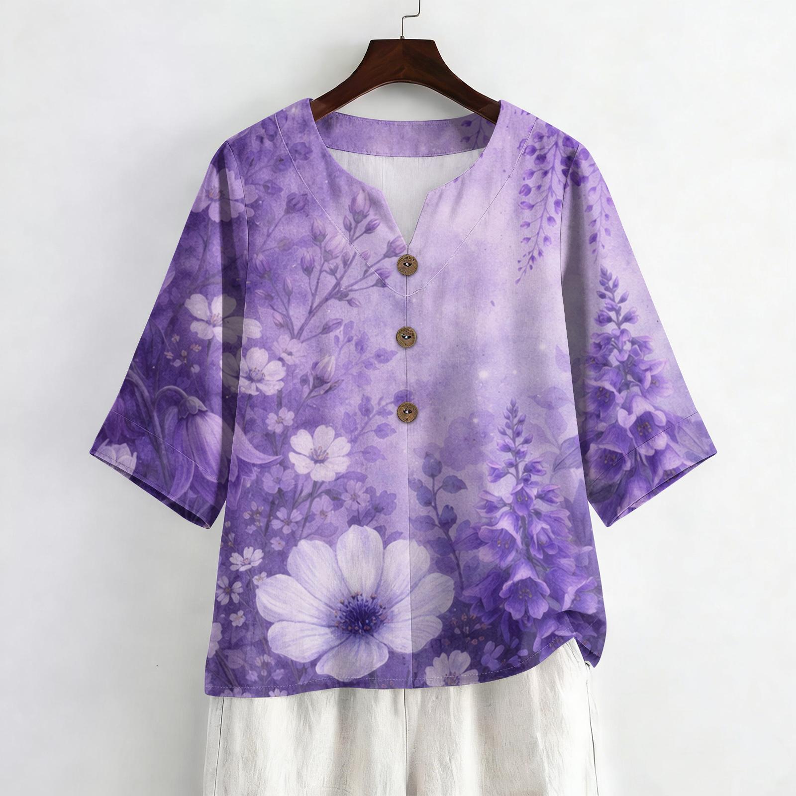 

Женская летняя модная блузка с V-образным вырезом и рукавами 3/4, повседневная свободная блузка с цветочным принтом M фиолетовый