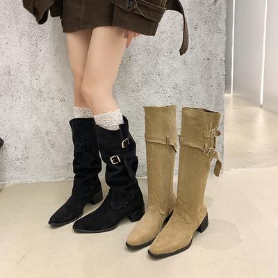 Neuer Stil Luxus Damenmode Spitze Cowboystiefel Grober Blockabsatz Stapelabsatz Stiefel Ohne Knie Großer Schaft Damenstiefel Zapatos Mujer