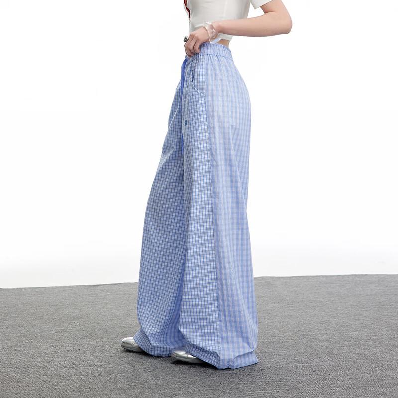 UNIFREE Blue Plaid Casual Wide-Leg Pants