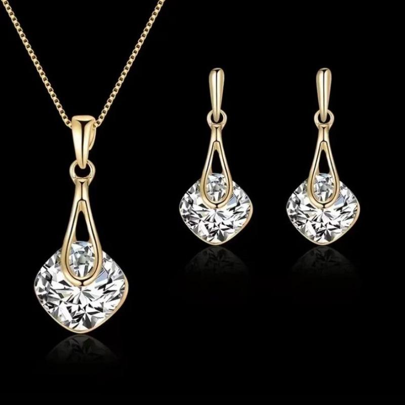 Women Gold Tone Teardrop Hollow Square Clear Zircon Pendant Necklace Dangle Earrings Jewelry Set 1pcs золотой