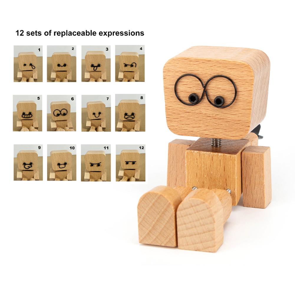 Shaking Wooden Man Figurine Handmade Shaking Feet Wooden Car Dashboard Decorations with 12 Pcs Magnetic Expressions Creative Gifts