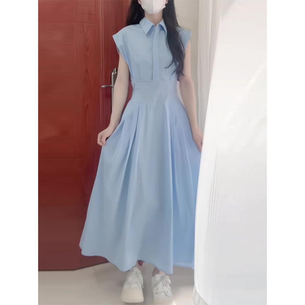 Retro literary style blue polo collar sleeveless dress gentle temperament waist a word long dress women's summer