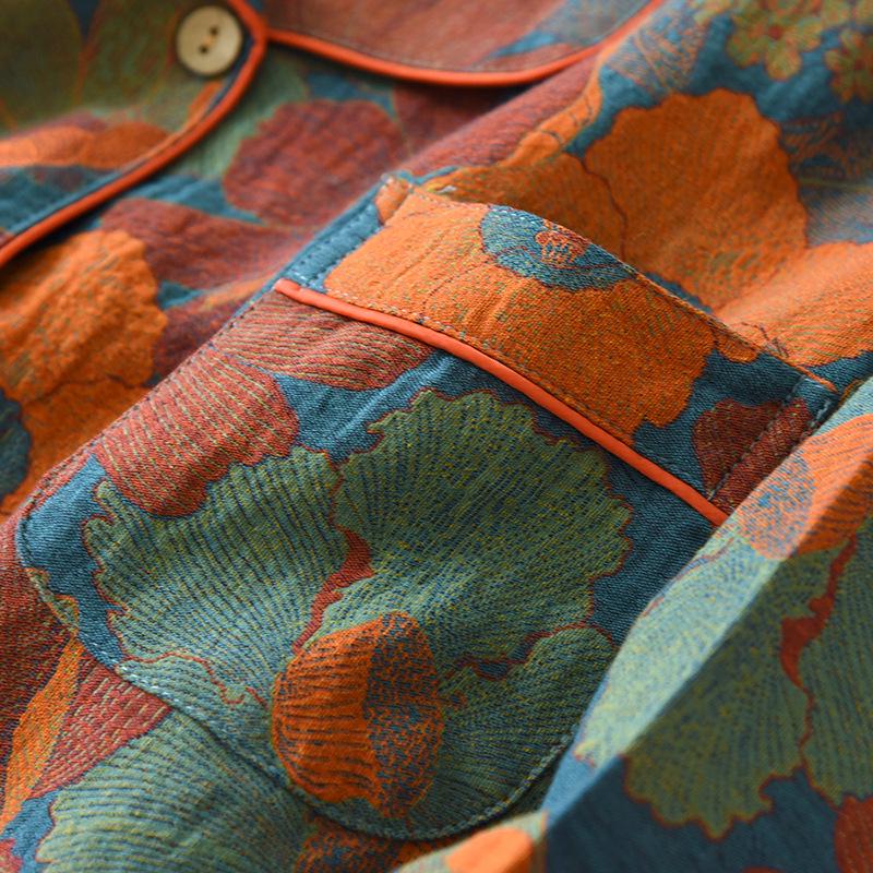 Damen-Pyjama im Muji-Stil aus garngefärbter Baumwolle-Jacquard - Langarm-Cardigan-Set für Frühling und Sommer