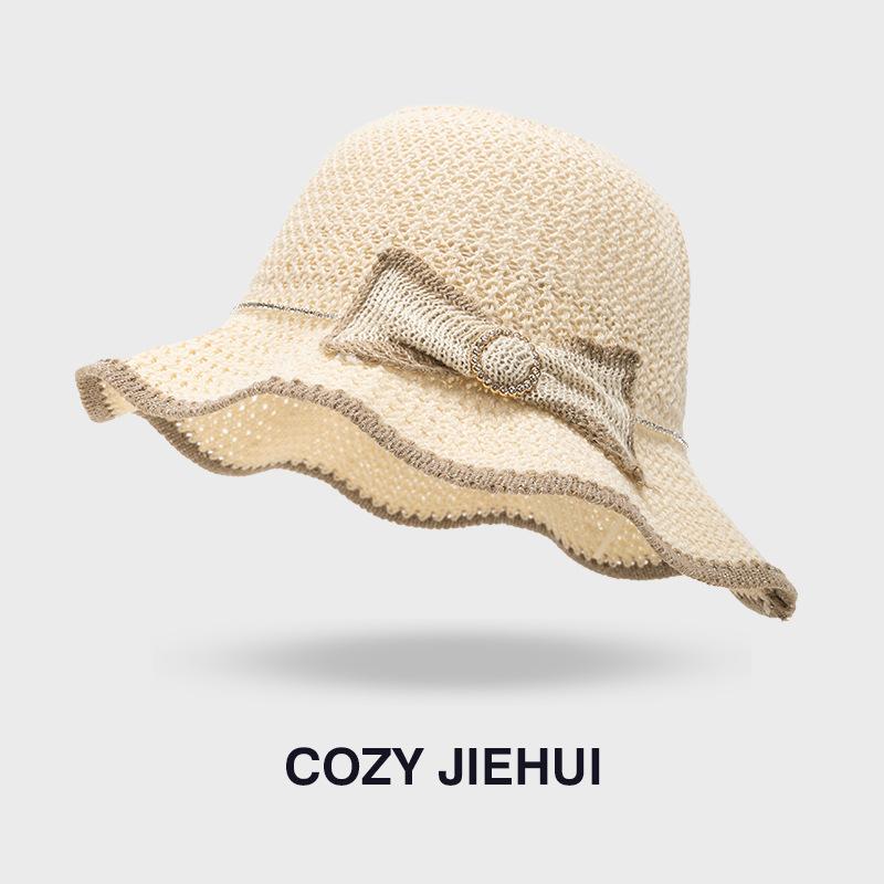 Summer new wavy brim knitted bow basin hat women's outdoor travel sunshade straw hat sun protection bucket hat