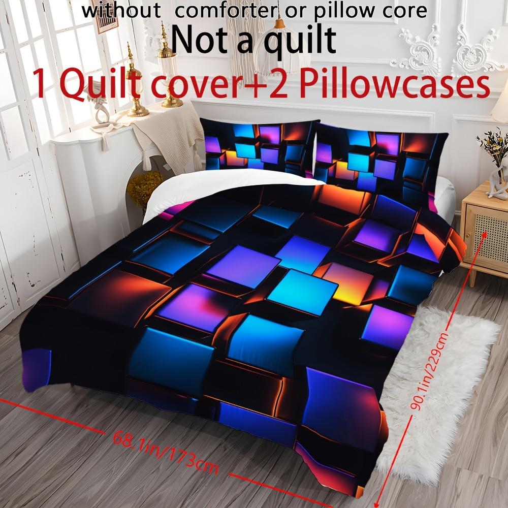 Open 3pcs 3D Colorful Iron Block Polyester Quilt Cover Set 1*Quilt Cover + 2*Pillowcase No Core Printed Bedding Set Soft