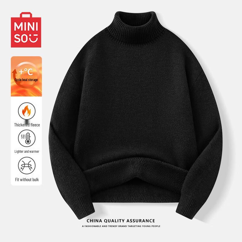 MINISO Men's Winter Turtleneck Fleece Lined Knit Sweater