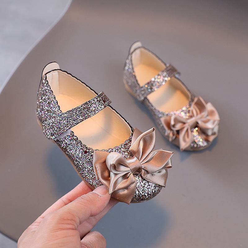 2026 Spring & Autumn Korean Style Girls  Princess Sequined Bow Flats Size 22
