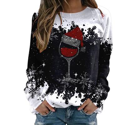 Fashion Wine Glass Print Women's Clothing Christmas Party Cotton Long Sleeved Autumn/Winter Round Neck T-Shirt Color Blocked Top