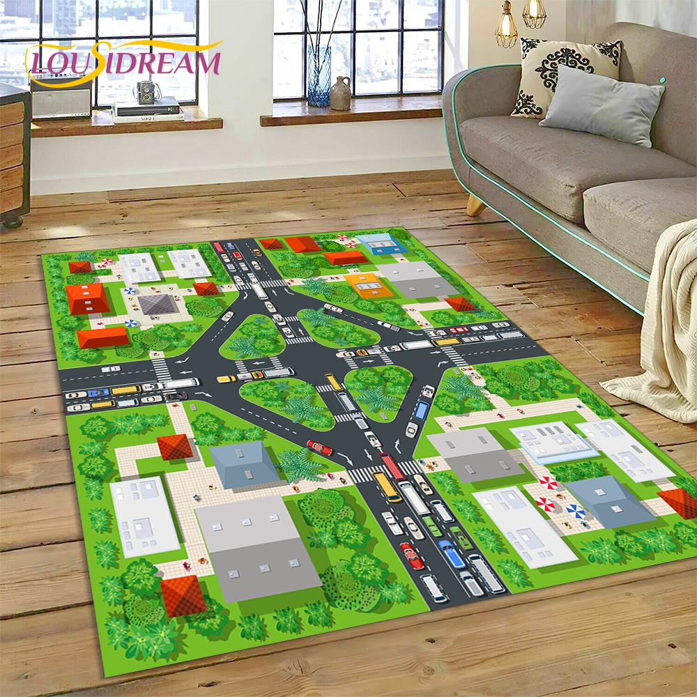 City Traffic Road Map Runway Child PlayMat Highway Playroom Area Rug,Carpet Rug for Living Room Bedroom Sofa Doormat, Non-slip