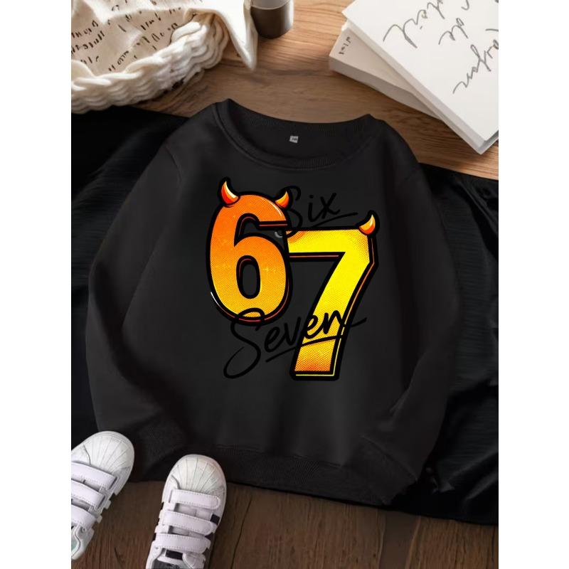 Kids Unisex Crewneck Sweatshirt, Cartoon Devil Horn 67 Six Seven Print Long Sleeve Pullover, Soft Casual Sweatshirt for Boys Girls Over 4 Years Old