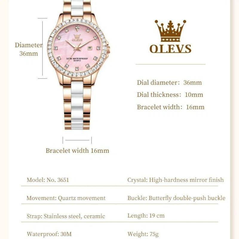 OLEVS Womens Watch Luxury Elegant Fashion Rhinestone Bezel Ceramic Strap Wristwatch Waterproof Date Watches