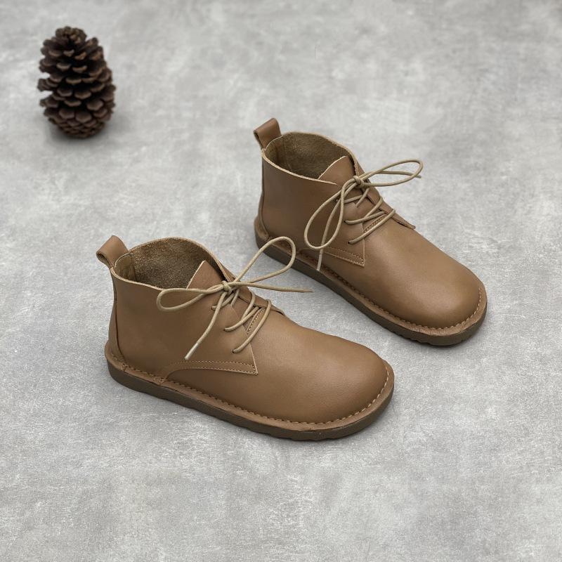 Johnature Handmade Genuine Leather Ankle Boots Casual Soft Cowhide Round Toe Lace Up Flat Women's Shoes