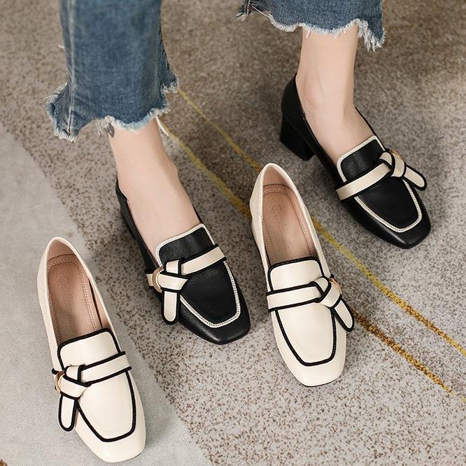 Korean Versatile Leather Women's Shoe Interview for Girls Square Toe Work Wear Small Fragrant Style Thick Heel Heightened Mary Zhen Shoes