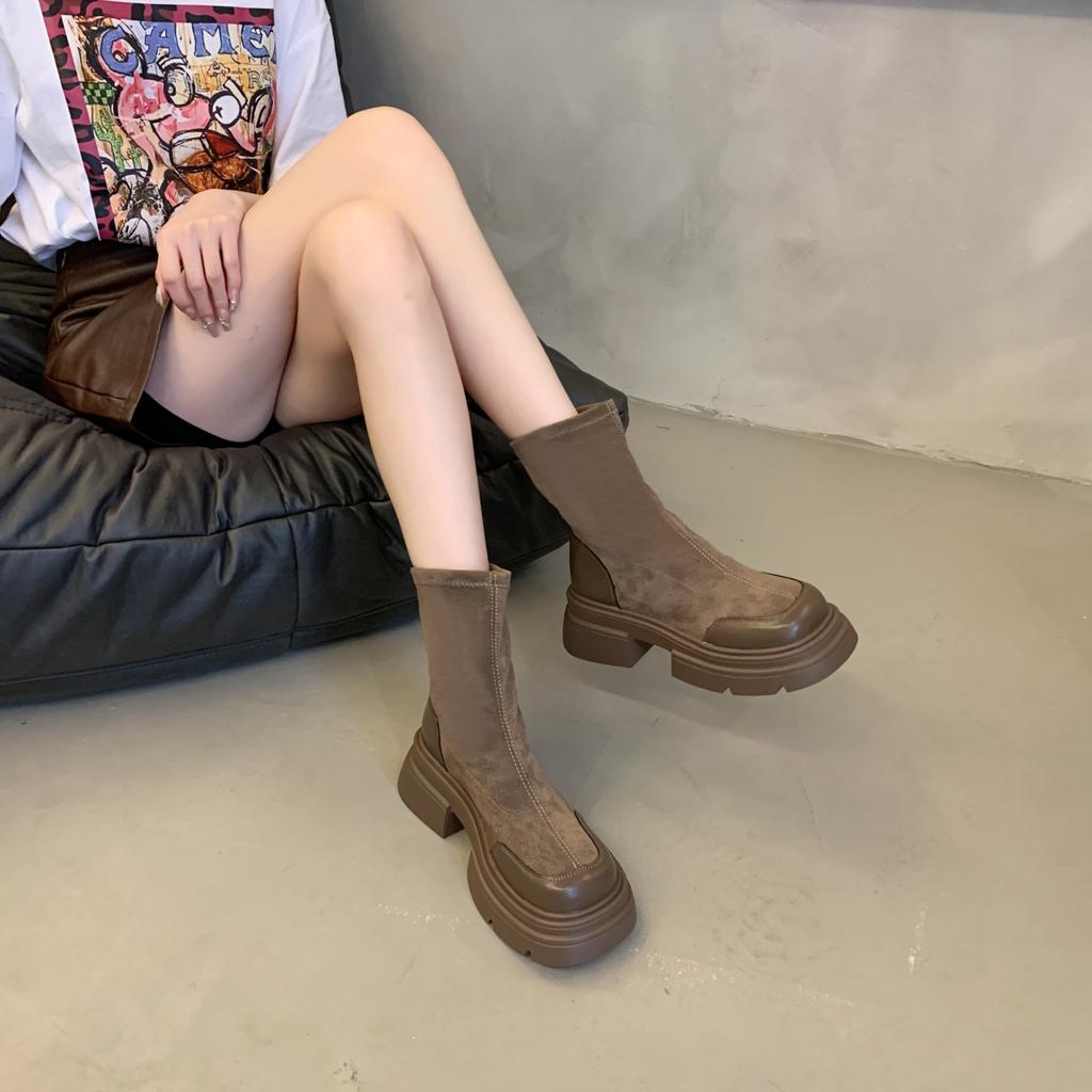Platform short boots women's new early autumn elastic thin boots retro British Martin boots Chelsea boots tide
