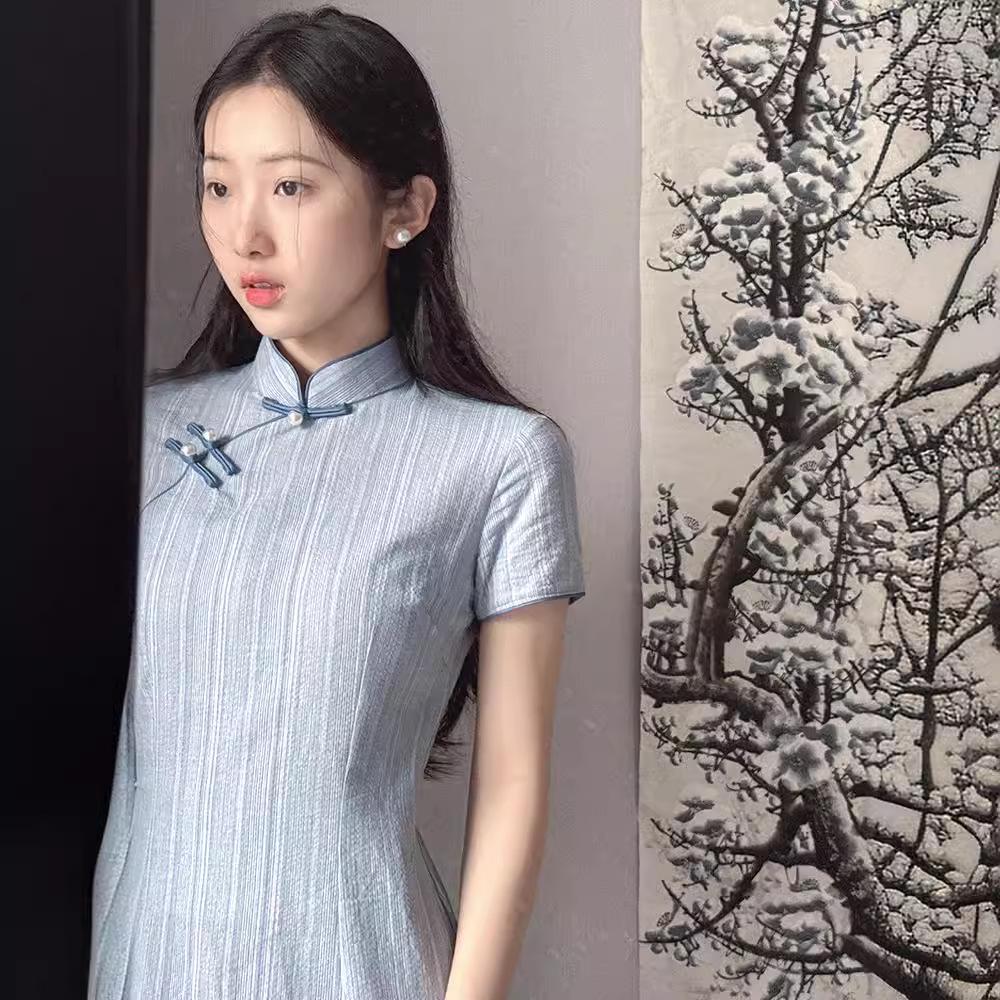 Evening Mist 2024 Summer Striped Cheongsam Dress: Short-Sleeve, Age-Reducing Everyday Wear