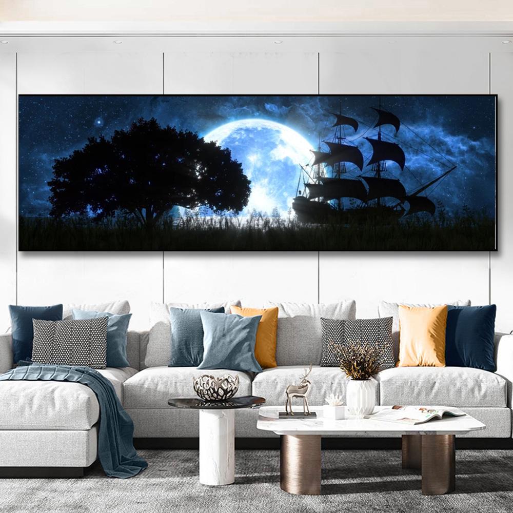 

Пейзаж Місяць і красиве небо Корабель у морі Картини на полотні Плакати та принти Настінне мистецтво Картина Домашній декор для вітальні Без рамки 20cm×40cm NoFrame