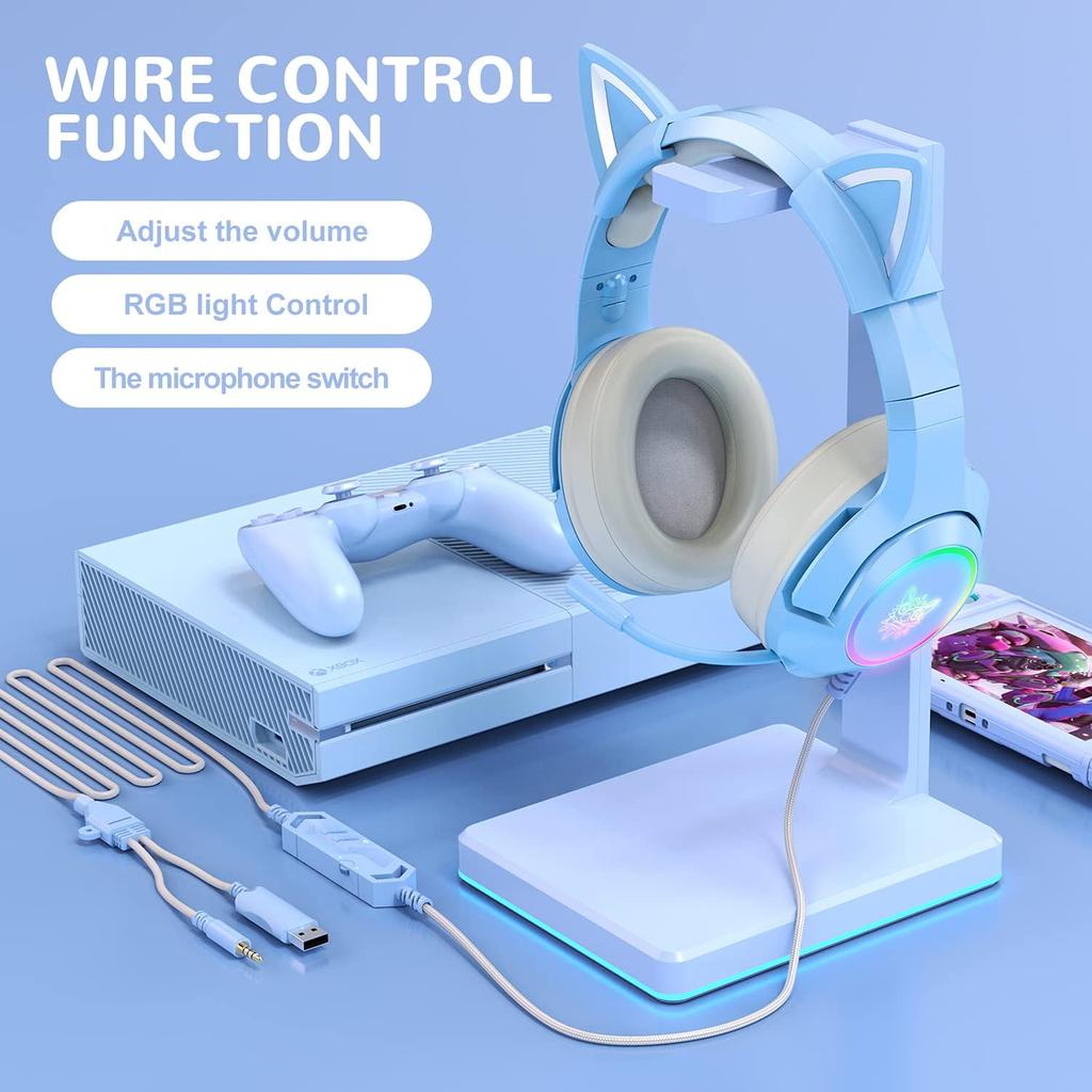 Blue Gaming Headset with Removable Cat Ears, Compatible with PC PS4 PS5 Xbox One(Adapter Not Included) Mobile Phones, with Surround Sound, RGB